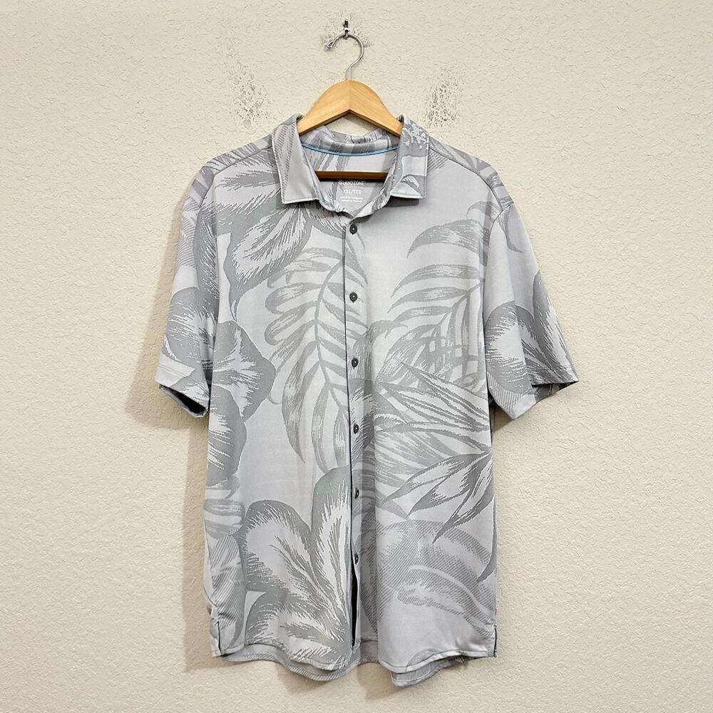 TOMMY BAHAMA IslandZone Camp Shirt Gray Tropical Palm Coast Fresco Beach